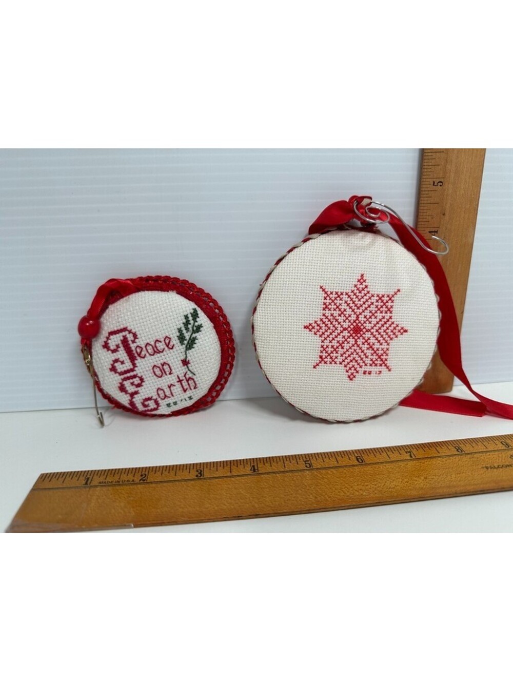2 Vintage Handmade Completed Cross Stitch Peace Christmas Ornaments Round Snow